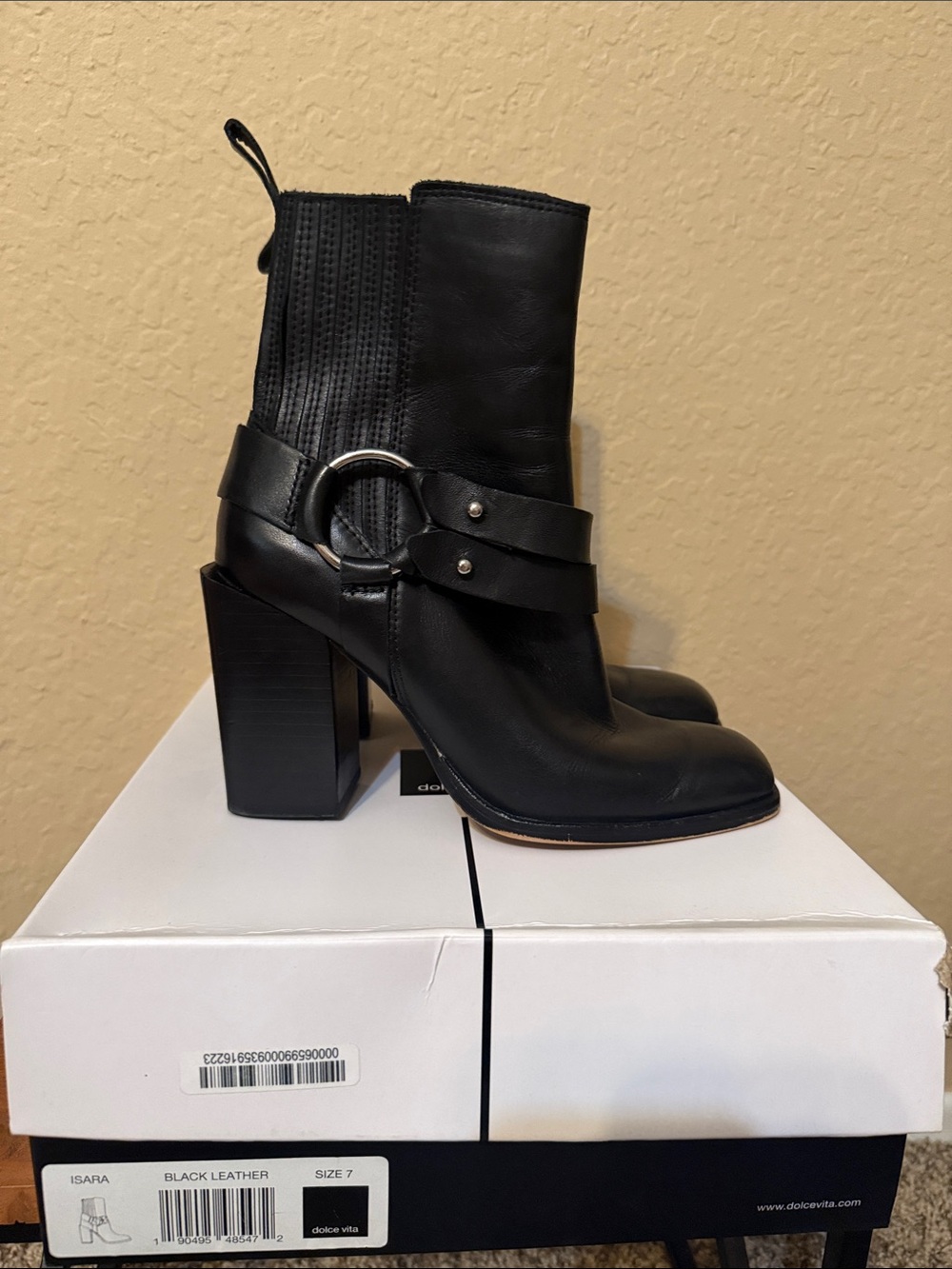 Dolce Vita Black Leather Ring-Strap Block Heel Ankle Boots